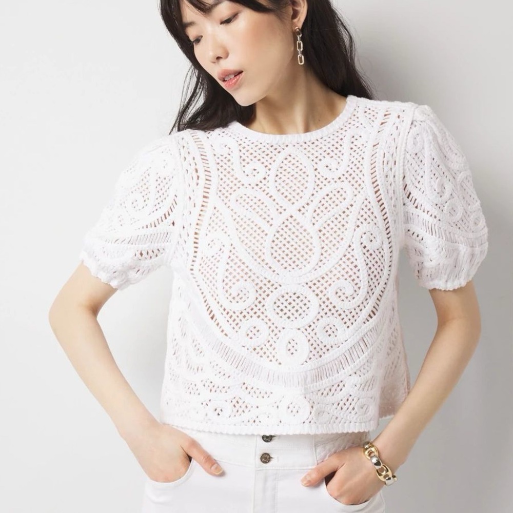 NWT WHITE HOUSE BLACK MARKET Puff Sleeve Crochet Sweater